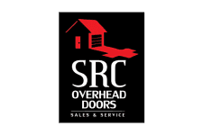 SRC Overhead Doors logo in red and white on black background