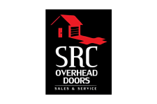 SRC Overhead Doors logo in red and white on black background