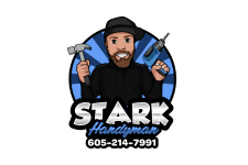 Stark Hardyman logo with illustrated handyman holding tools and phone number 605-214-7991