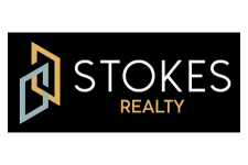 Stokes Realty logo with geometric house icon and black background