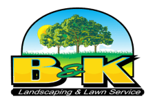 B&K Landscaping & Lawn Service logo with trees and bold yellow-green text