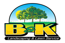 B&K Landscaping & Lawn Service logo with trees and bold yellow-green text