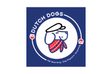 Dutch Dogs logo featuring a cartoon dog wearing a beret and scarf inside a blue circle