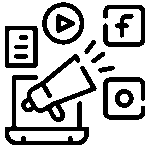 Black outline icon of a megaphone with social media logos representing digital marketing