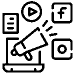 Black outline icon of a megaphone with social media logos representing digital marketing