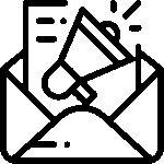 Black outline icon of an envelope with a megaphone representing email marketing