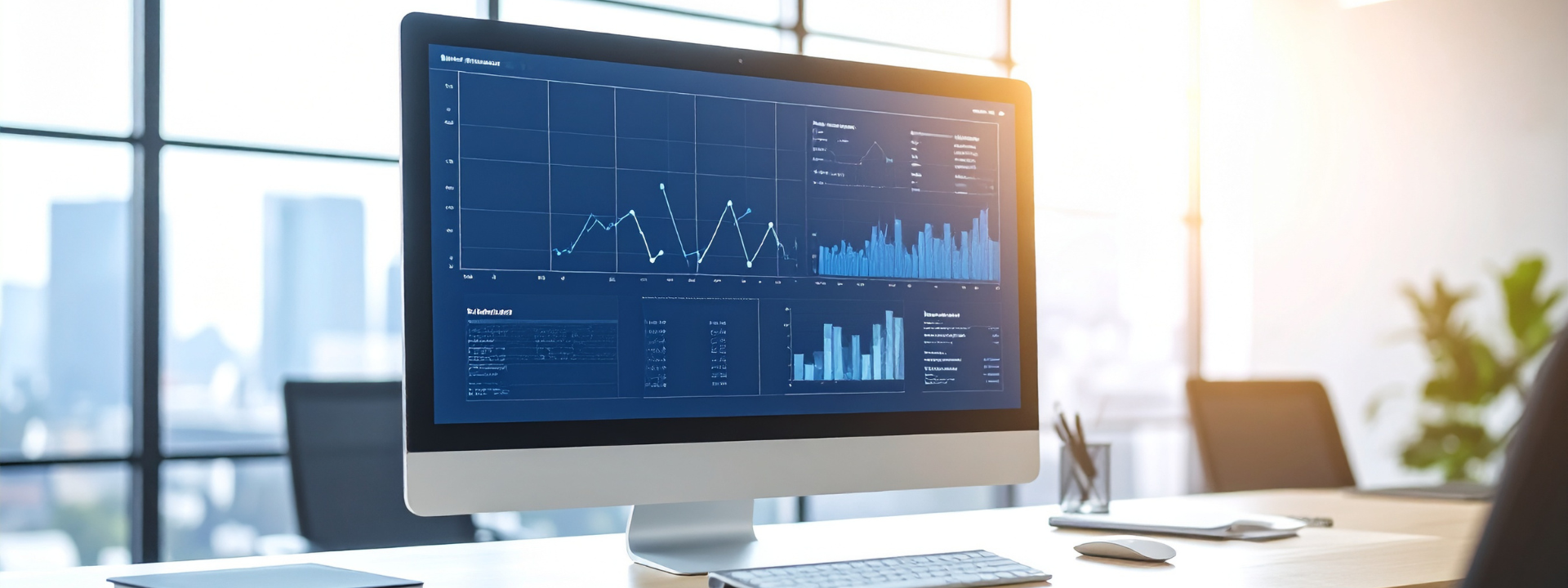 Close-up of a computer screen displaying analytics charts and graphs
