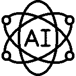 Black outline icon of AI text inside an atom design representing artificial intelligence