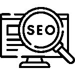 Black outline icon of a computer screen with magnifying glass and SEO text representing search engine optimization