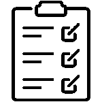 Black outline icon of a clipboard with checklist items