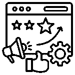 Black outline icon of a web page with stars, thumbs-up, megaphone, and gear representing online reputation management