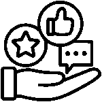 Black outline icon of a hand holding social media feedback symbols like star, thumbs-up, and chat bubble